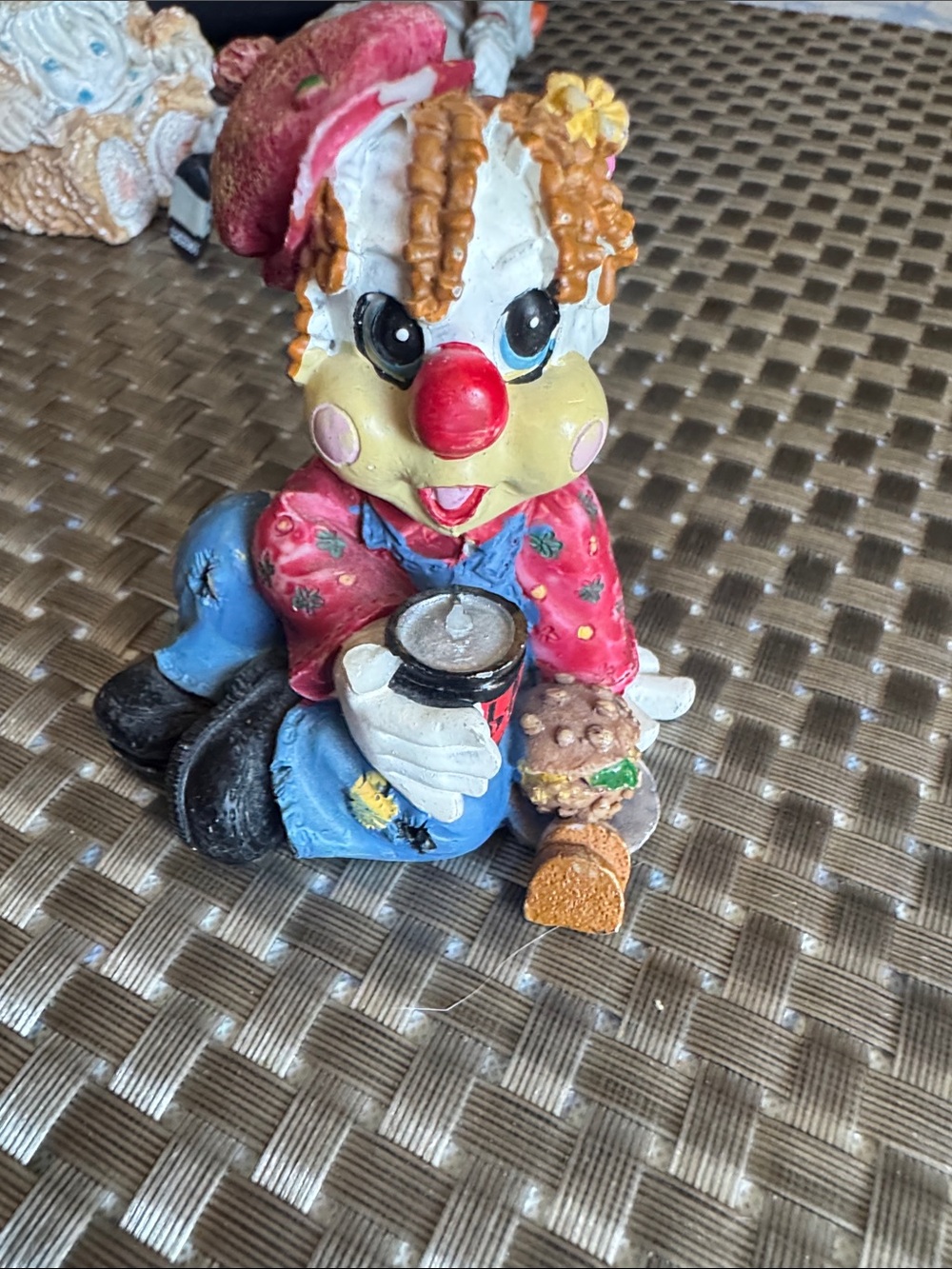 Cute Colorful Clown Figurine - Sitting Clown with Coffee and Cookie